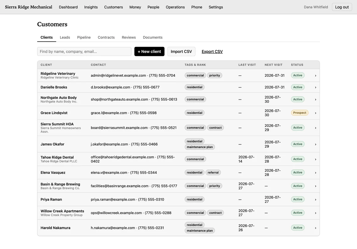 The CrewLineCRM client list showing residential and commercial customers with tags, phone numbers and addresses.