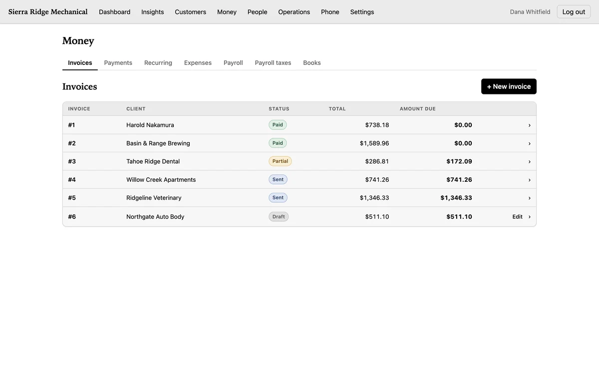 The CrewLineCRM invoice list showing six invoices with paid, partial, sent and draft statuses and the amount due on each.