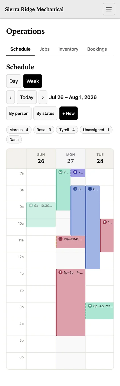 CrewLineCRM running on a phone, showing the day's schedule stacked vertically.